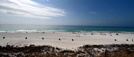 En la playa y camastros