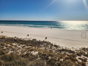 On the beach, sun loungers