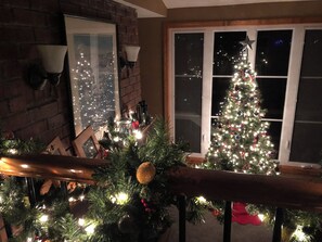 Un sapin de Noël décoré de guirlandes lumineuses et d’ornements, placé devant une fenêtre.