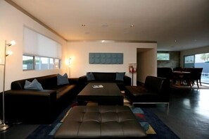 LCD TV, fireplace, DVD player, video library