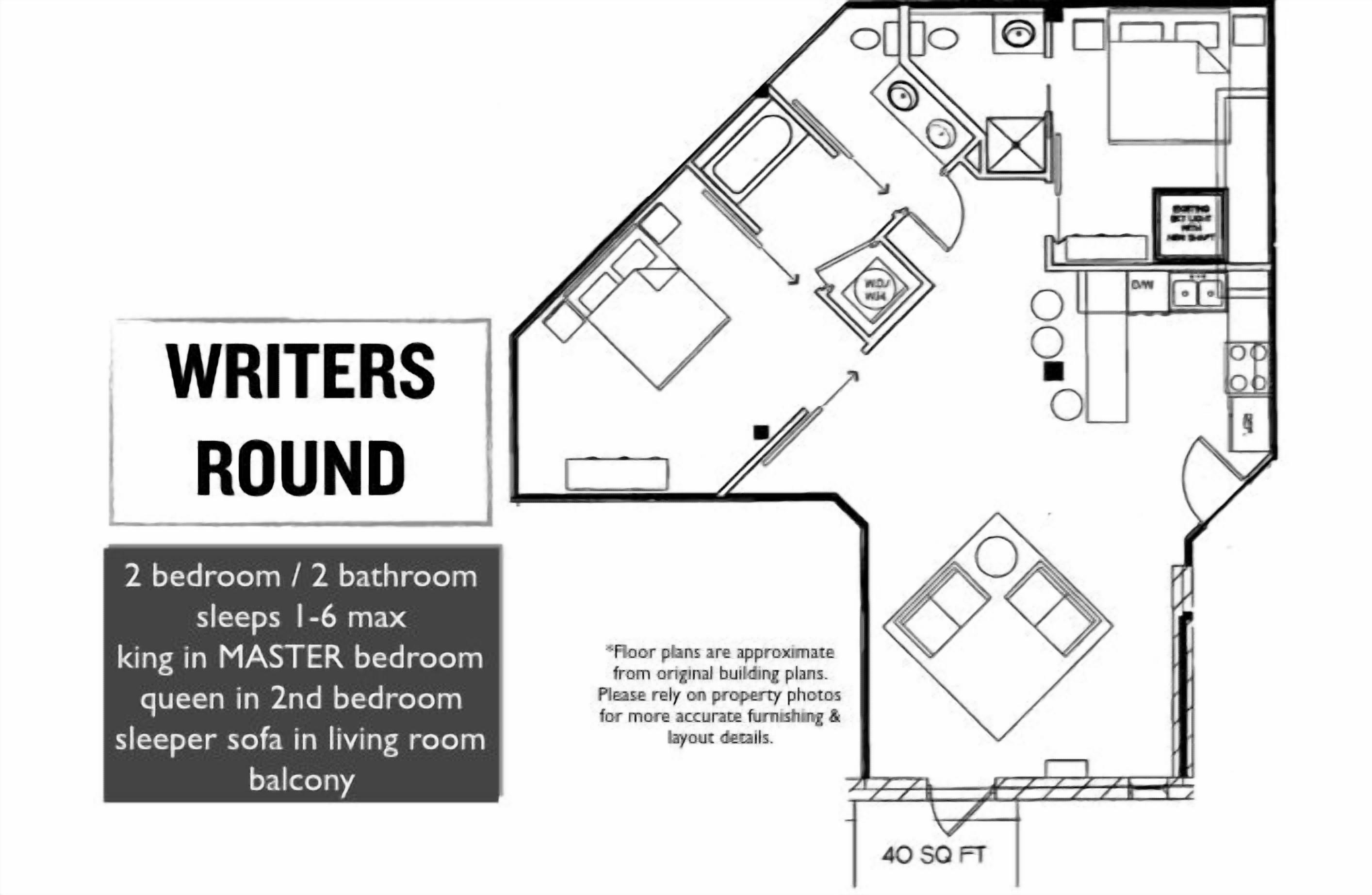 A floor plan of a 2-bedroom, 2-bathroom apartment with a master bedroom and a living room with a balcony.