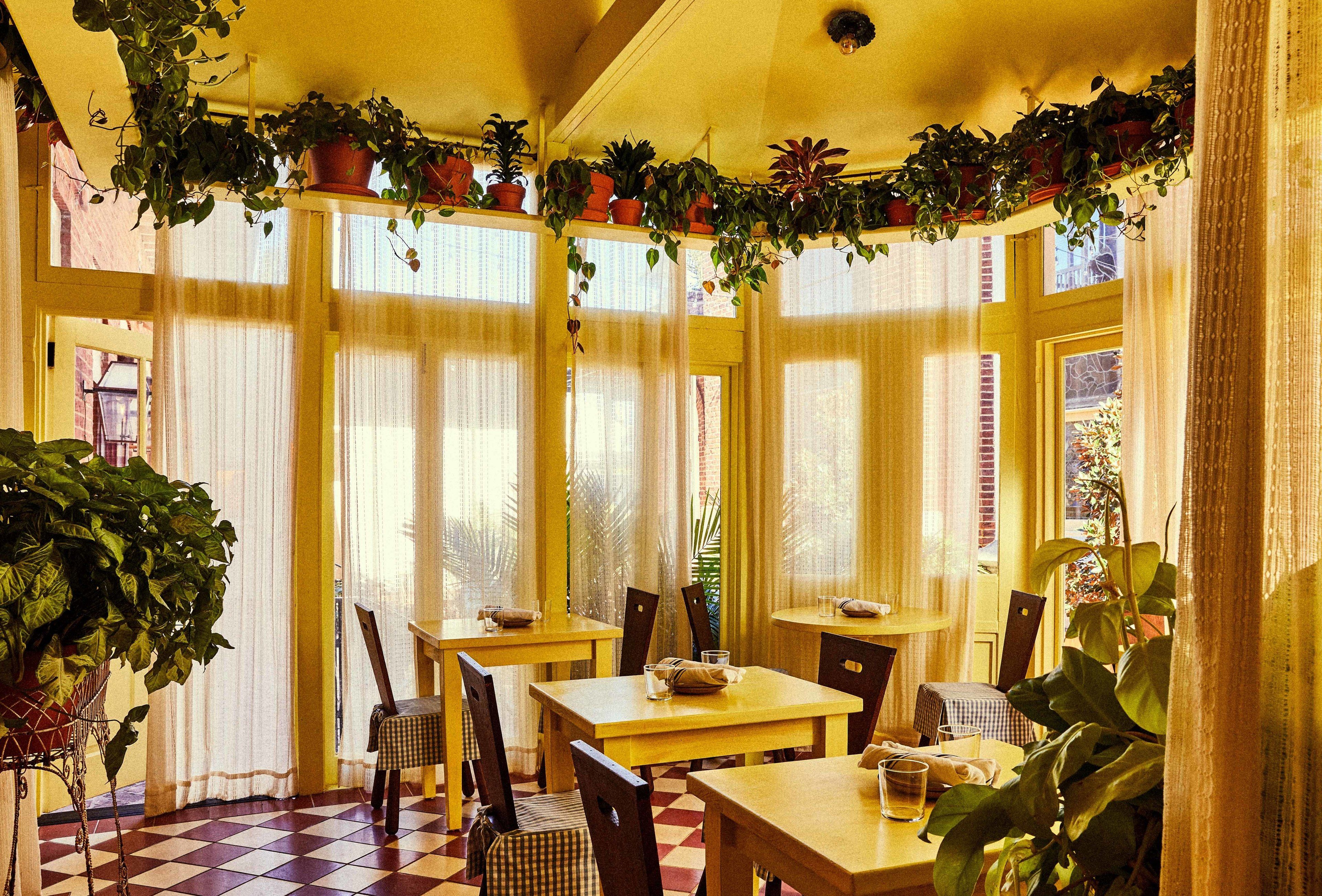 A sunlit room with checkered flooring, wooden tables and chairs, and potted plants.