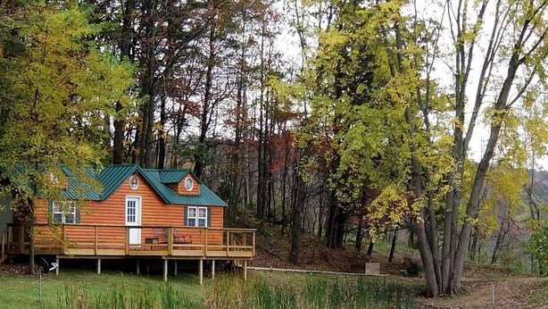 Une cabane en bois avec un toit vert, située au bord d’un lac paisible, entourée d’arbres aux feuilles d’automne.