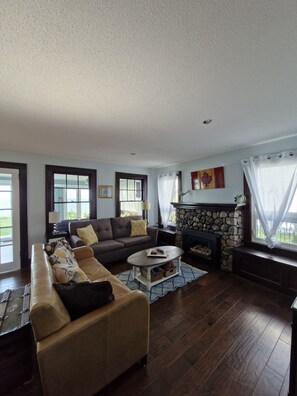 Smart TV, fireplace, DVD player, books