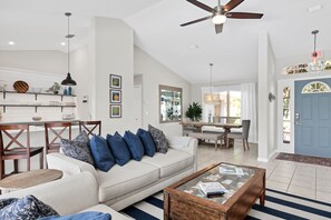 Smart TV, fireplace, table football, books