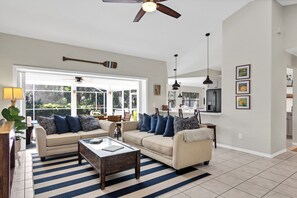 Smart TV, fireplace, table football, books