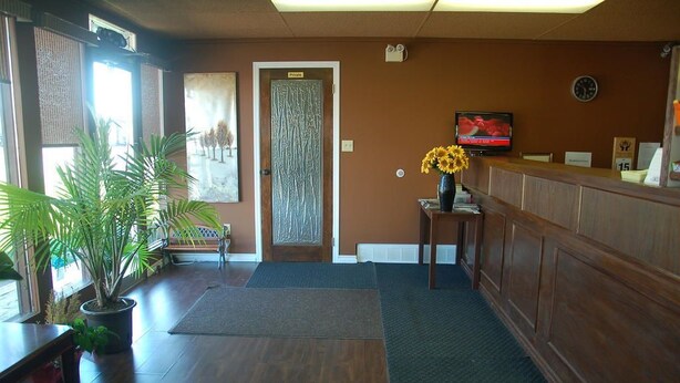 A hotel lobby with a reception desk, a television, a clock, and a large potted plant.