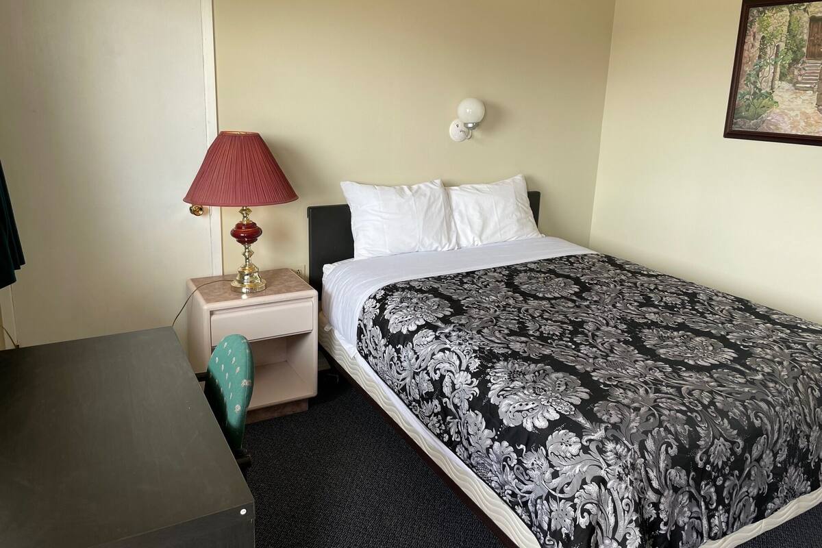 A hotel room with a bed, a desk, a lamp, a nightstand, a chair, a wall-mounted light, and a framed picture.