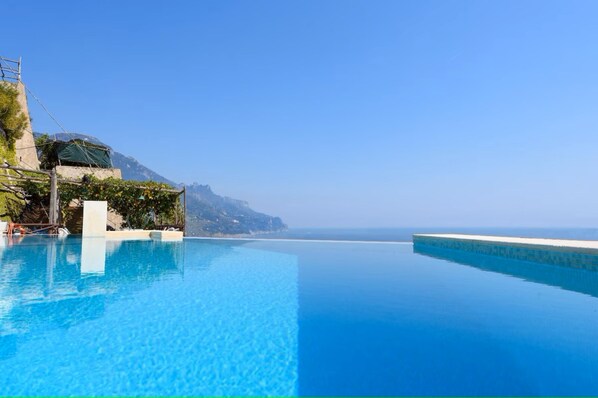 Outdoor pool, a heated pool, sun loungers