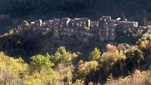 Un ensemble de bâtiments historiques en pierre, composé de plusieurs structures, entouré d’une forêt dense.