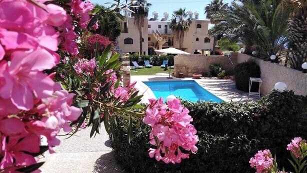Un espace piscine offrant une vue dégagée sur le bassin, entouré d’une végétation luxuriante et de fleurs roses.
