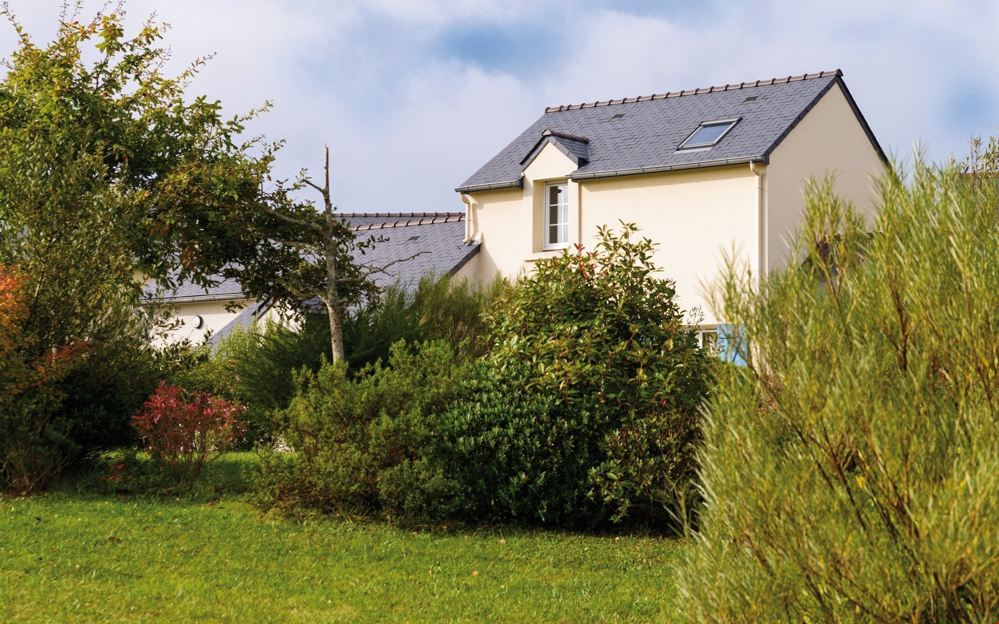 A single-story house with a sloped roof, surrounded by lush greenery and a well-maintained lawn.