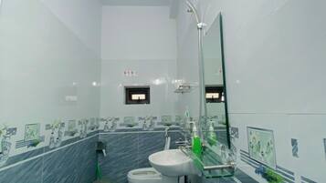 Shower, hydromassage showerhead, designer toiletries, hair dryer