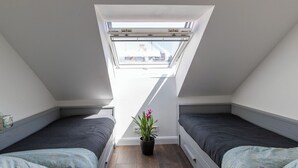 A small, well-lit attic bedroom with two beds, a skylight, and a potted plant.