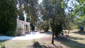 A garden with a small building, a picnic table, and a variety of trees.