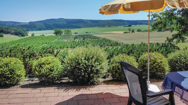 Une terrasse avec une table et une chaise, donnant sur un vignoble.