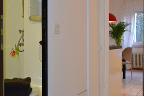 Dusche, Haartrockner, Handtücher, Seife