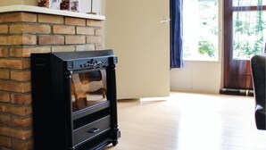 A fireplace with a brick surround, a wooden mantel, and a glass door.