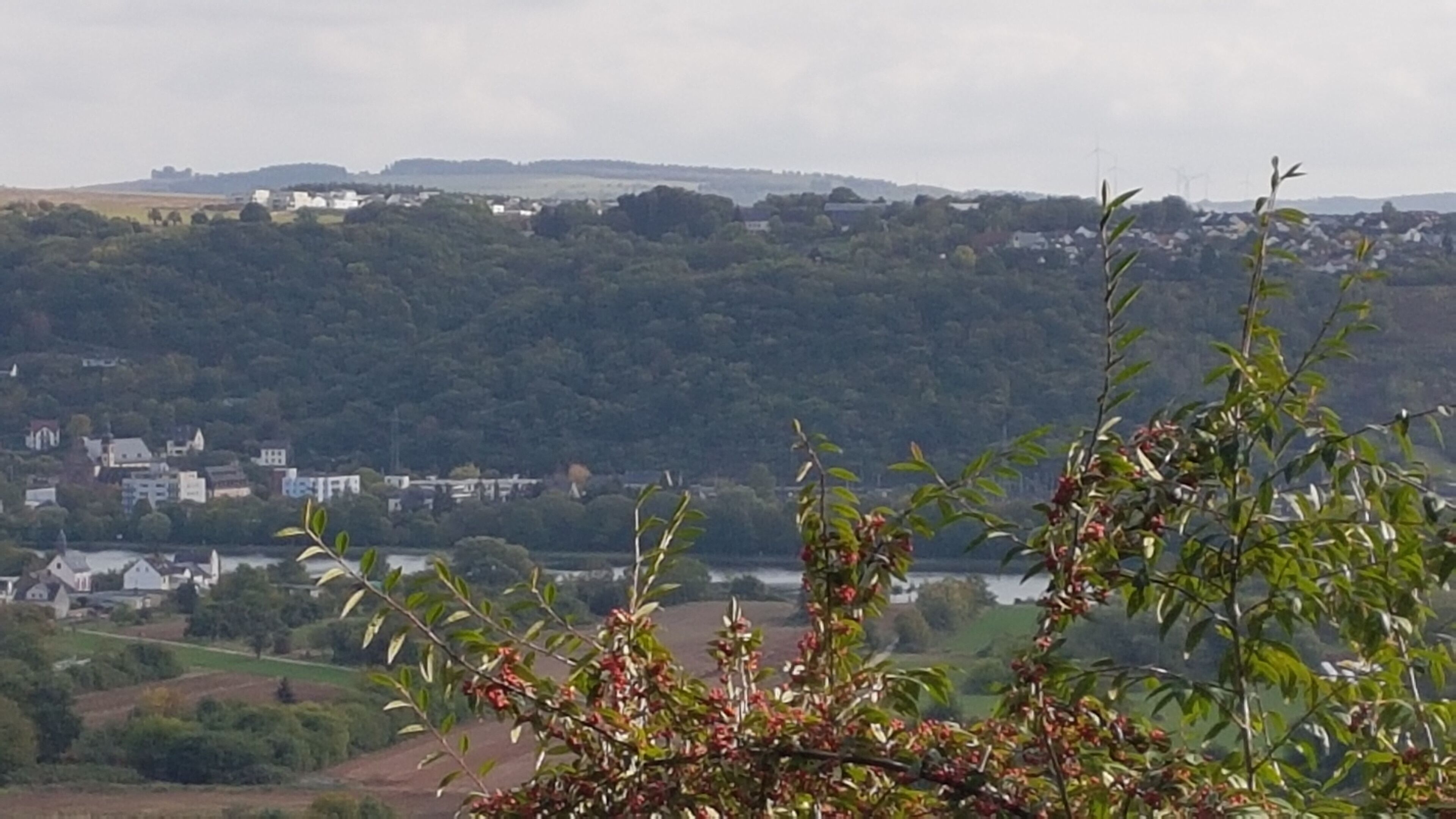 A view of a town with houses, a river, and hills in the background.