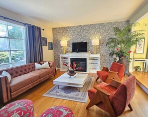 Smart TV, fireplace, books