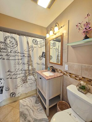 Ensemble douche/baignoire, sèche-cheveux, serviettes fournies, savon