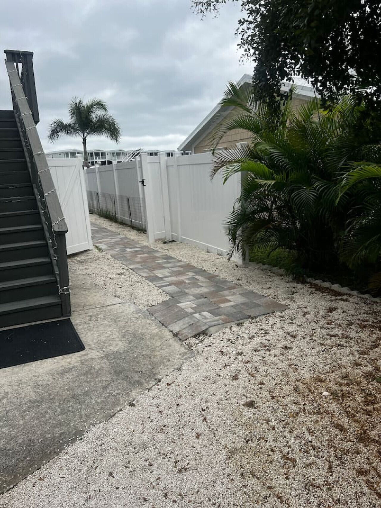 A residential area with a paved pathway, a white fence, and a palm tree.