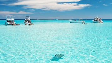 Perto da praia, espreguiçadeiras, toalhas de praia