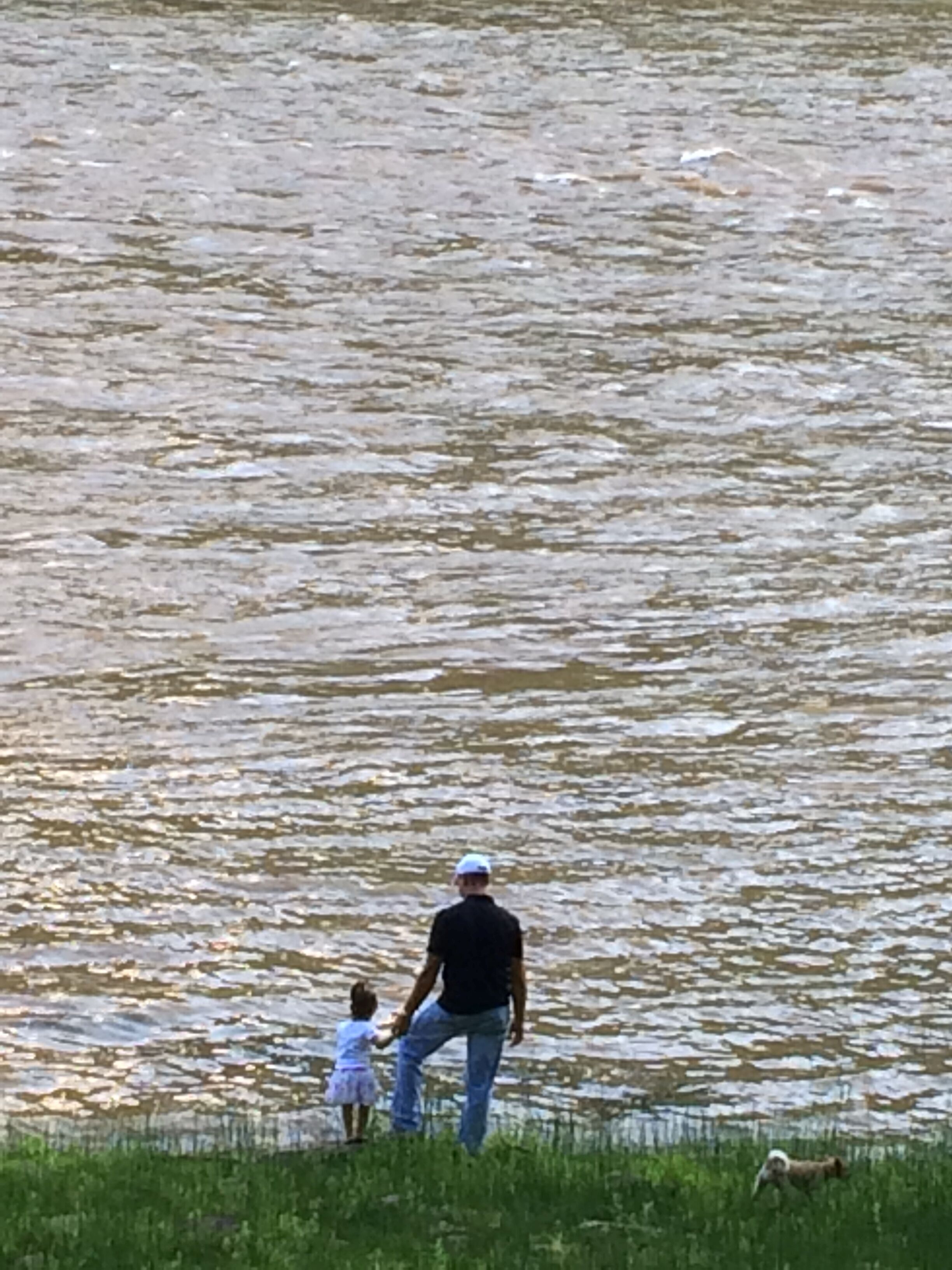 A person and a child holding hands by a body of water.
