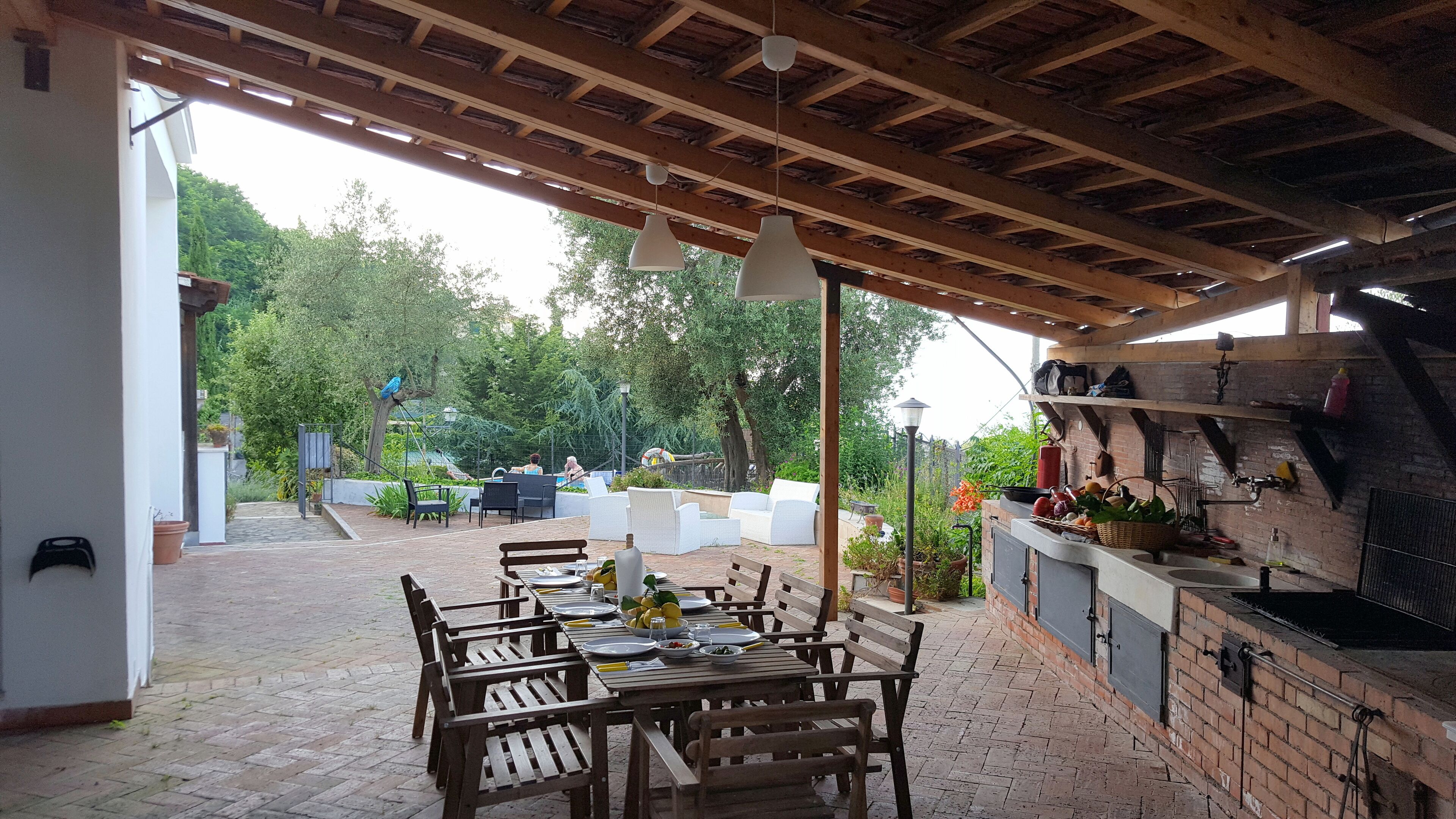 An outdoor patio with wooden tables and chairs, a brick barbecue area, and a view of a garden with trees and a swimming pool in the background.