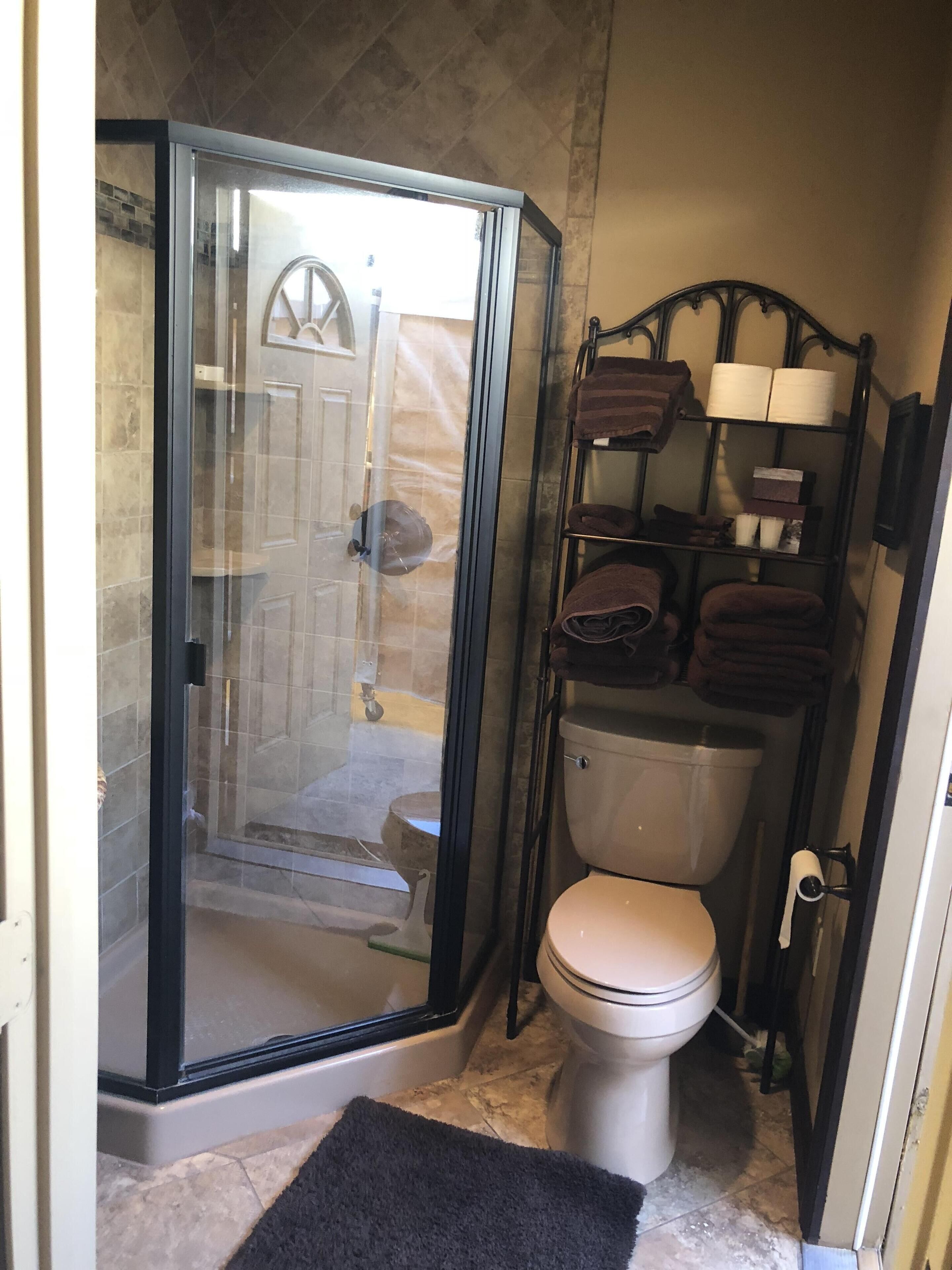 A bathroom with a glass-enclosed shower, a toilet, and a shelf with towels and toiletries.