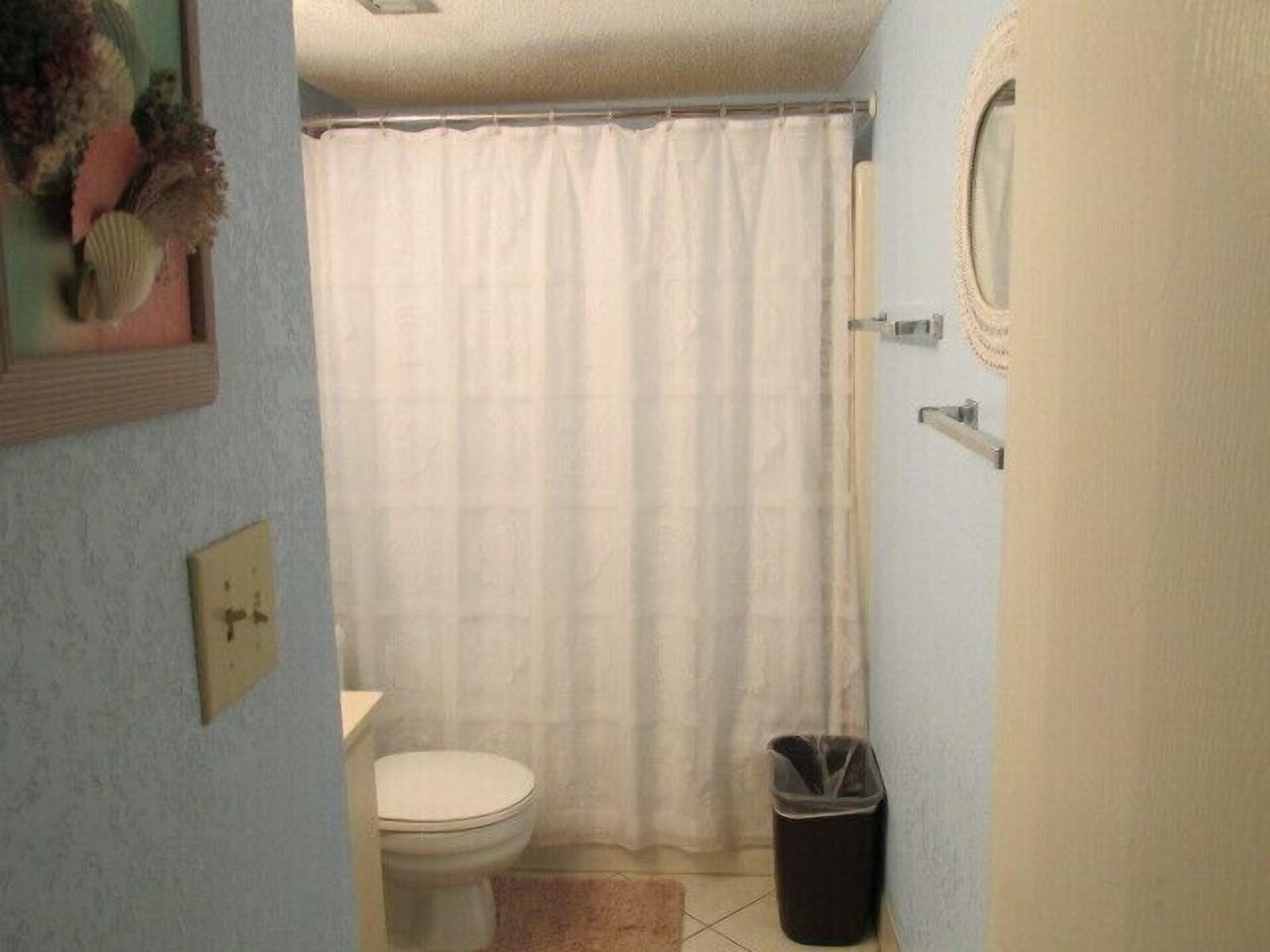 Ein kleines Badezimmer mit Toilette, Duschvorhang und Mülleimer.