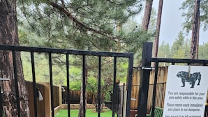 A fenced outdoor area with a dog standing behind the gate. - Christopher Creek Cabins - Cabin 6 (Payson)