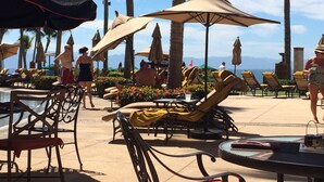 A poolside area with sun loungers, umbrellas, and palm trees.