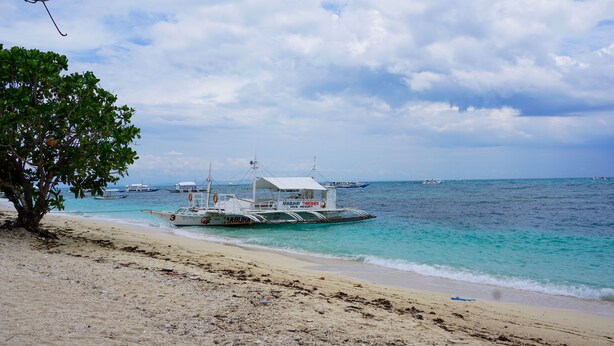 A beach with a boat named 'MABUHAY THRESHER DIVE RESORT' anchored near the shore. - Mabuhay Thresher Dive (Daanbantayan)