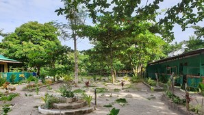 A courtyard with various plants and trees, surrounded by buildings. - Mabuhay Thresher Dive (Daanbantayan)