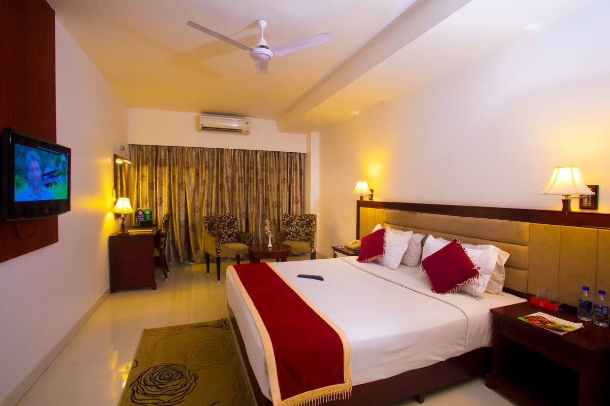A hotel room with a bed, bedside tables, a TV, a ceiling fan, and a window with curtains.