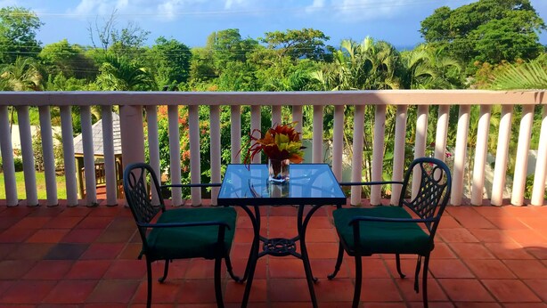 Un balcon avec une table et des chaises, donnant sur un jardin luxuriant et un ciel d’un bleu éclatant.