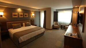 A hotel room with a large bed, a desk with a chair, a TV, and artwork on the wall. - Oytun Park Hotel (Çanakkale)
