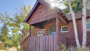 A rustic wooden cabin with a porch, surrounded by trees and dry grass. - 'Hiawatha' Peaceful Living in Rocky Mtn Nat'l Park (Allenspark)