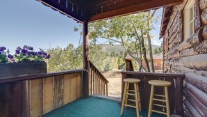 A wooden deck with a green mat, two wooden stools, and a wooden planter with purple flowers. - 'Hiawatha' Peaceful Living in Rocky Mtn Nat'l Park (Allenspark)