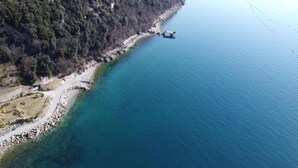 An aerial view of a coastal area with a clear shoreline, rocky beach, and dense forested hills. - Cozy Chalet for You & Tails (Auris)
