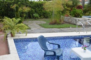 A swimming pool with a blue mosaic tile design, surrounded by a stone pathway and lush greenery. - Chalet Familiar (Montenegro)