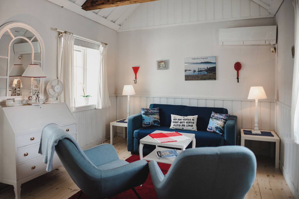 A cozy room with a blue sofa, a white dresser, a mirror, and a red rug.