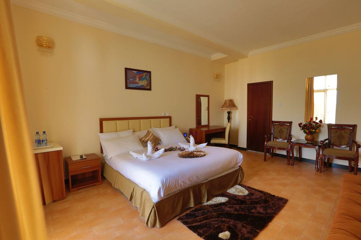 Una habitación de hotel con una cama grande, una mesita de noche, una silla, un escritorio y un espejo.