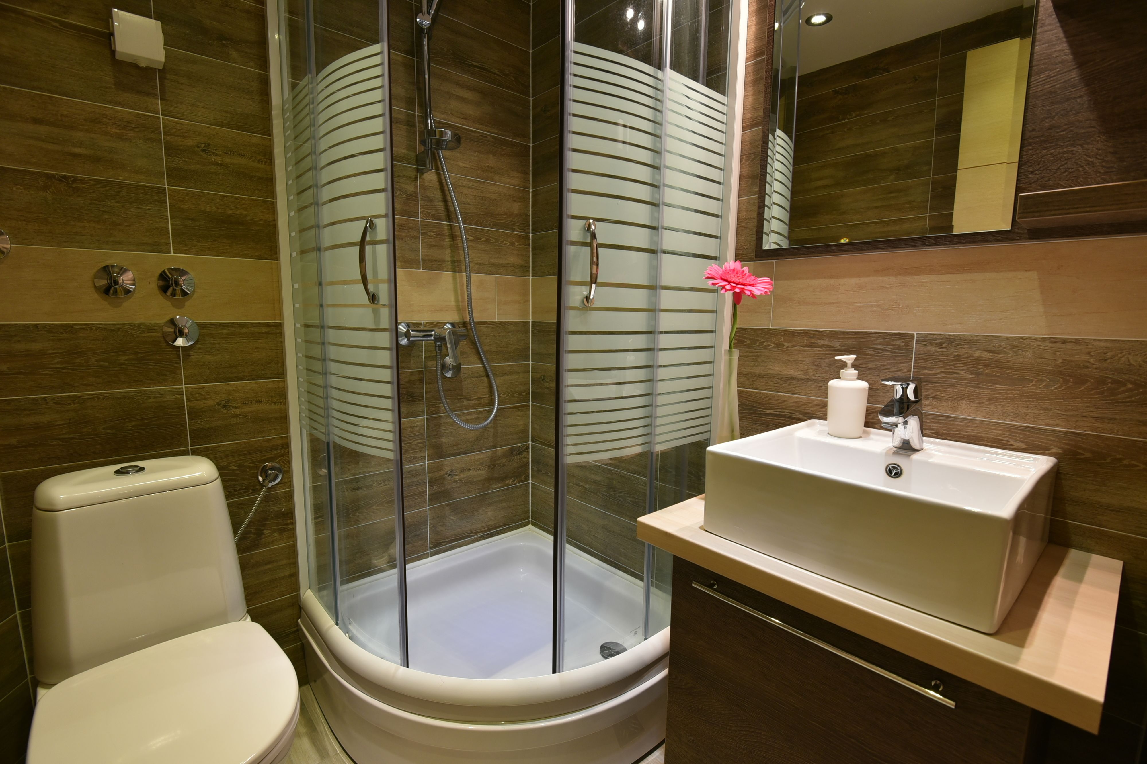 A modern bathroom with a glass-enclosed shower, a white toilet, and a sink with a soap dispenser.