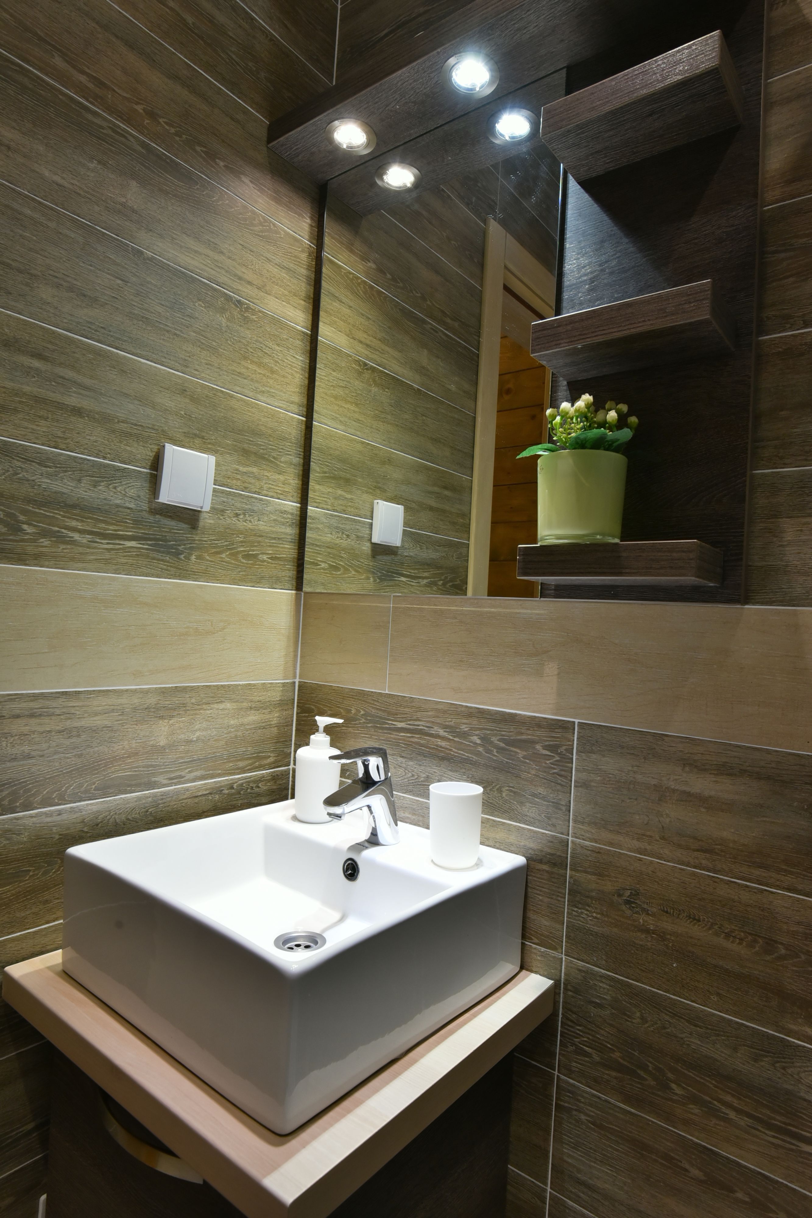 Une salle de bain moderne avec un grand lavabo rectangulaire, un miroir et une petite étagère sur laquelle est posée une plante en pot.