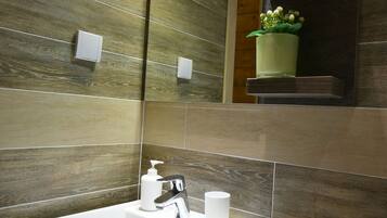 Une salle de bain moderne avec un grand lavabo rectangulaire, un miroir et une petite étagère sur laquelle est posée une plante en pot.