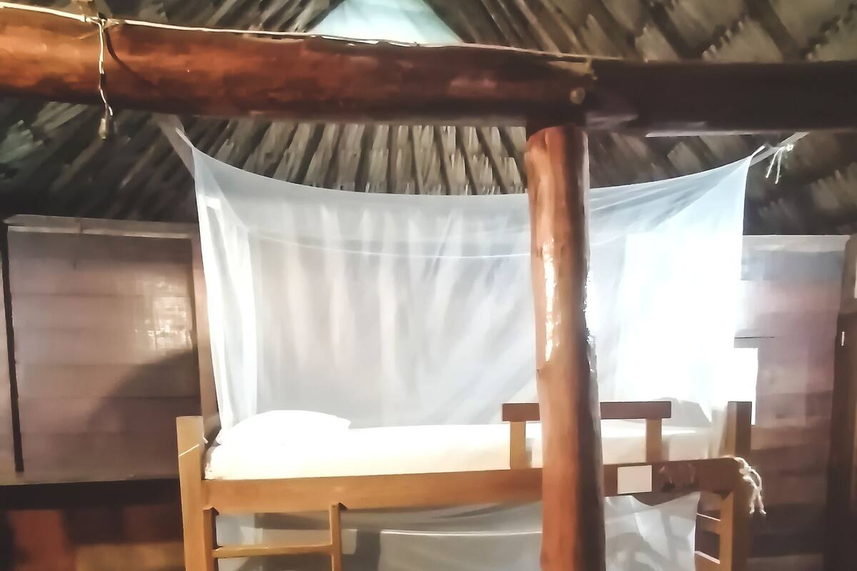A bunk bed in a rustic room with a sloped ceiling and wooden beams.