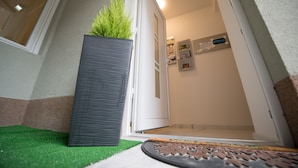 En modern entré med en krukväxt, en dörrmatta och en dörr som leder in till en hall med inramade tavlor på väggen.