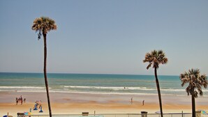 Une plage bordée de palmiers, une étendue de sable et l’océan.